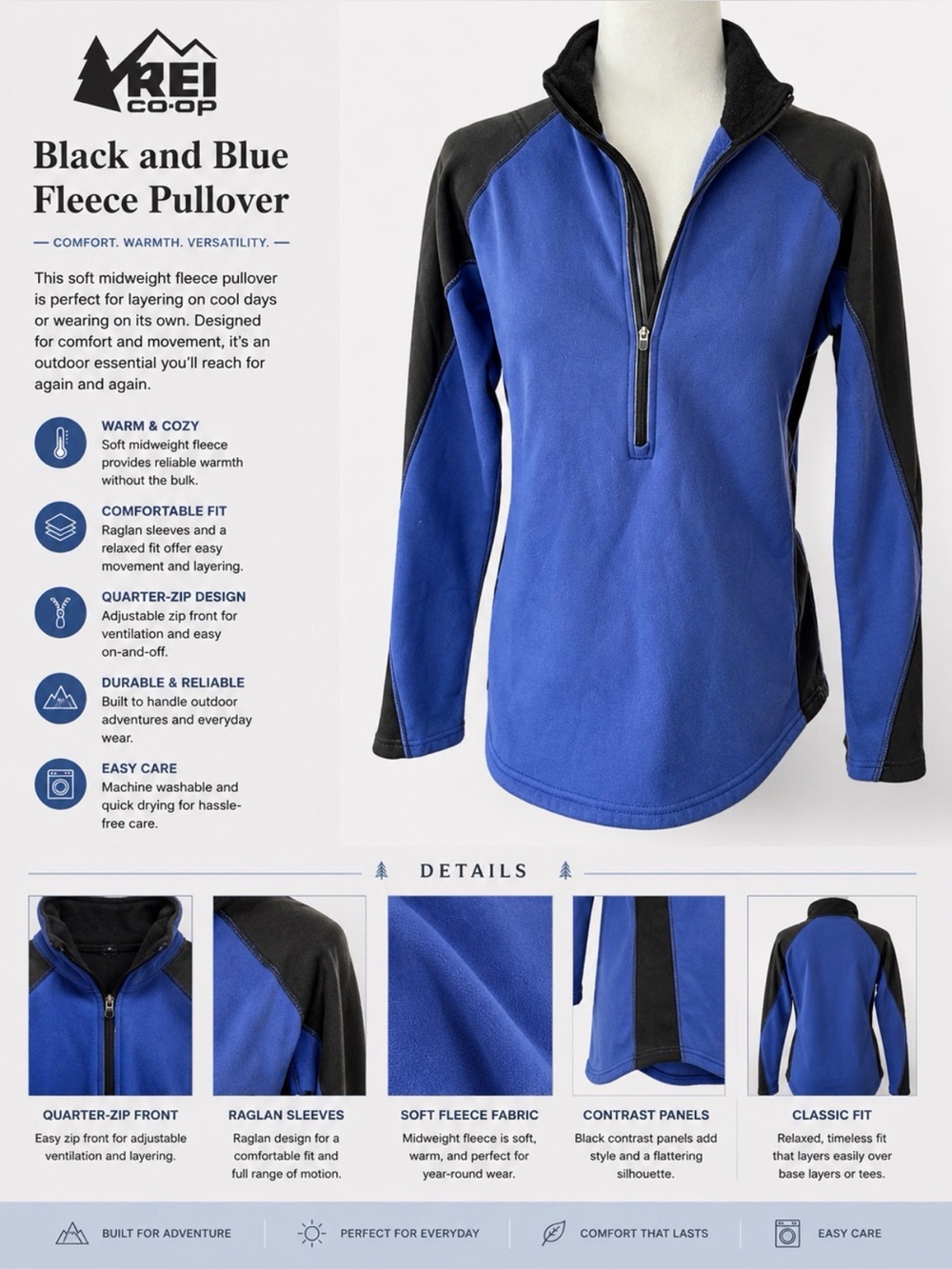 REI Black and Blue Fleece Pullover size medium